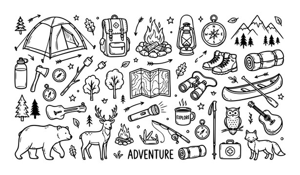 Hand drawn camping and hiking doodle collection vector illustration with outdoor adventure icons