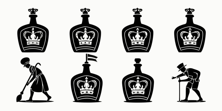Collection of regal bottle silhouettes and character icons with silhouette character beverage collection isolated monochrome minimalist heraldry nobility illustrative creative