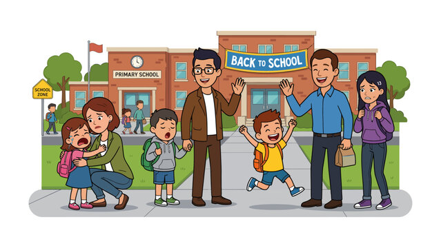 Back to School Excitement and Apprehension: Parents escorting their children to elementary school.