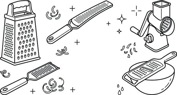 Kitchen cheese grater shredder zester box grater rotary mill vector outline illustration set with food zest line elements