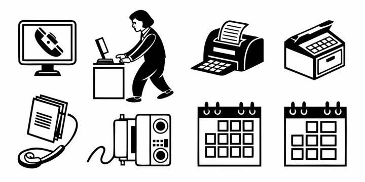 Office icons set computer person working fax machine calendar with office supplies technology icons office equipment business icons communication icons administration icons computer document