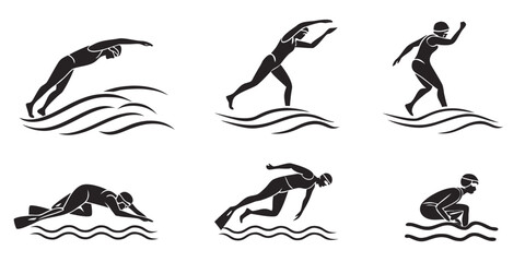 Graphic collection of swimming athletes and water sports icons in black silhouette with swimming silhouette flippers competition exercise activity recreation movement performance training © Rumi