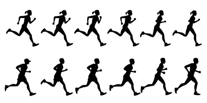 Silhouette set of men and women running in motion isolated on white background with silhouette exercise training character lifestyle movement physical wellness activity performance endurance