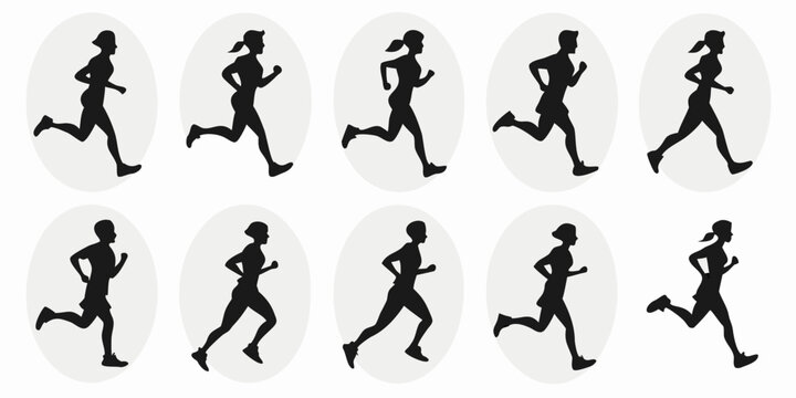 Collection of human silhouettes running in various poses inside oval frames with silhouette exercise training character lifestyle movement wellness activity performance endurance isolated