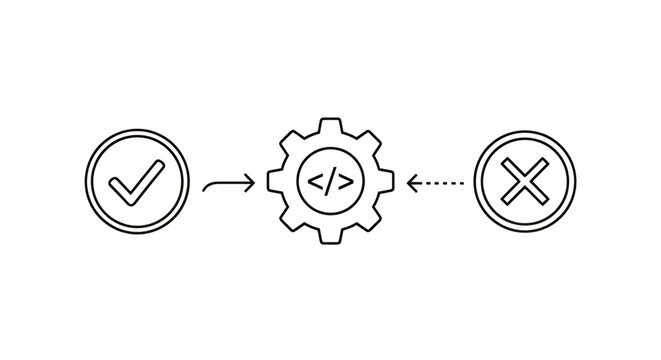 Process workflow illustration representing validation and code checks in a tech development pipeline.