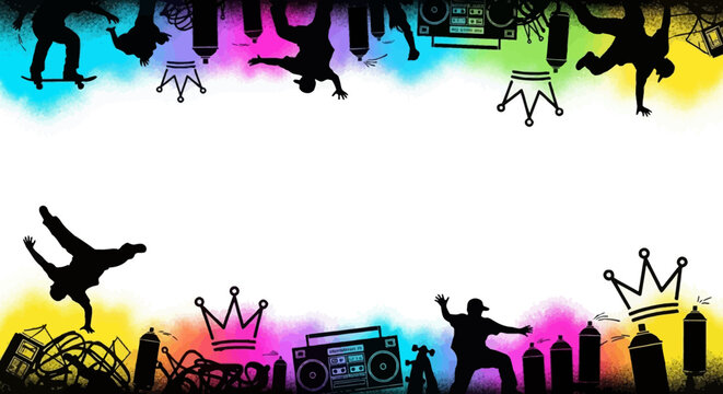 Urban Dance Silhouette Border with Spray Paint and Crown Motifs