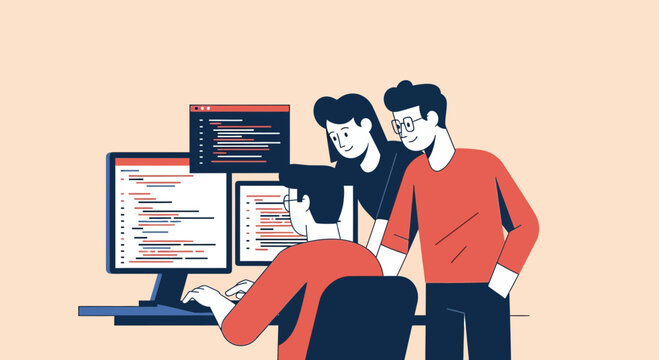 Software development team working on code in office flat vector