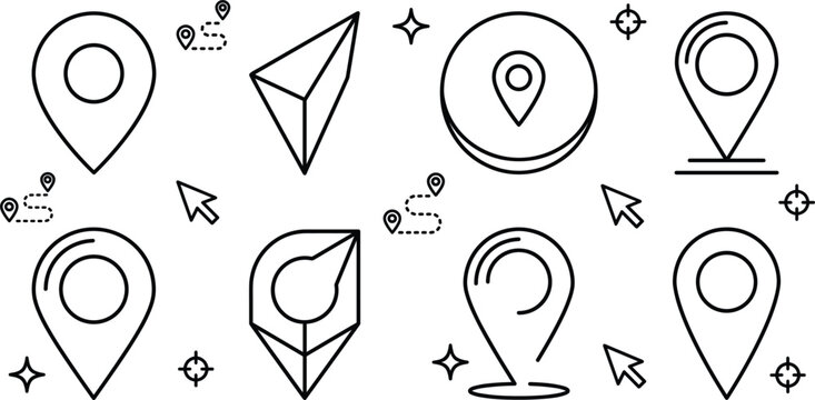 Map pin location marker and navigation arrow vector outline illustration set with route pointer target UI UX elements