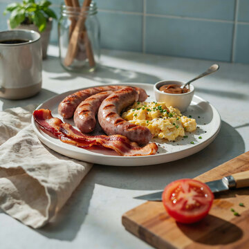 sausages on a plate with scrambled eggs and bacon , kitchen breakfast, morning sunlight.