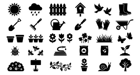 Black silhouette gardening icons set with various tools and plants © Morjina