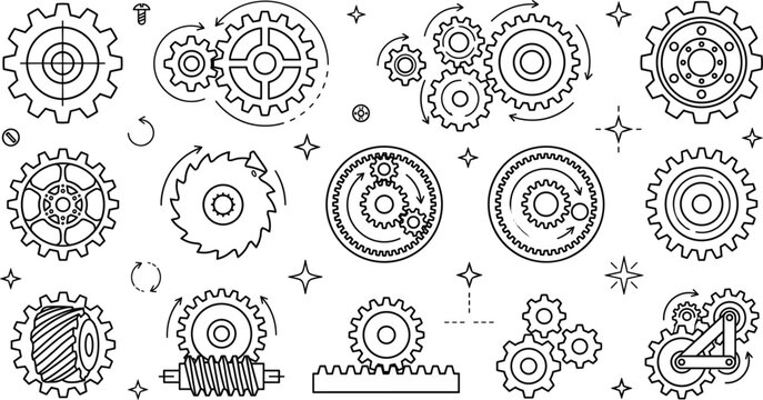 Mechanical gear cog and wheel mechanism vector outline illustration set with industrial engineering machinery technical line art elements