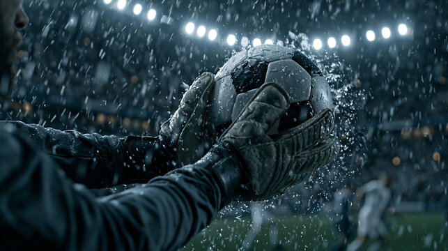Rainy Football Match: A goalkeeper in gloves clutches a soccer ball amidst a downpour during a thrilling match, with stadium lights illuminating the action and a blurred crowd in the background.