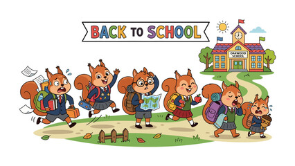 Fototapeta premium Back to School Squirrel Adventure: A lively group of anthropomorphic squirrels, dressed in school uniforms, embark on their educational journey, carrying books, maps.