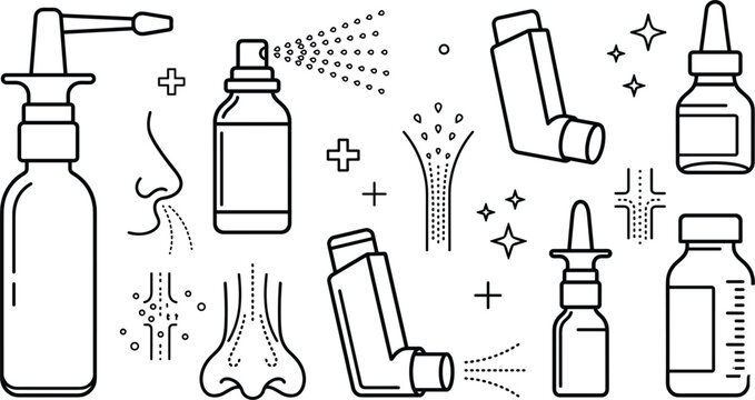 Medical nasal spray throat spray asthma inhaler dropper bottle vector outline illustration set for respiratory allergy relief elements