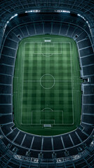 Naklejka premium Soccer Stadium Aerial View: A magnificent soccer stadium from an aerial perspective, showcasing the perfectly manicured green pitch illuminated under the stadium lights.