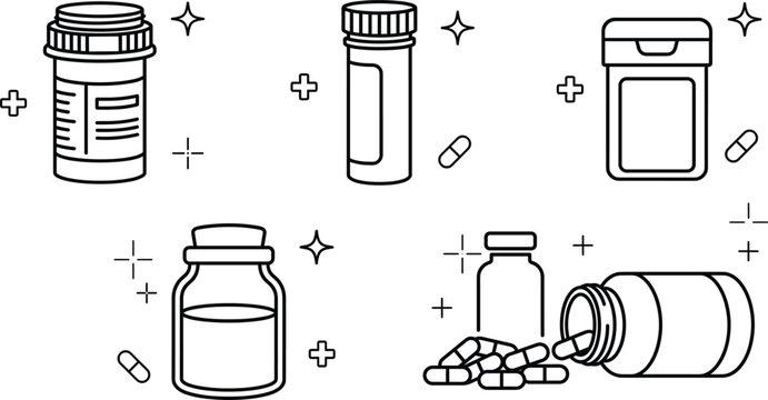 Medical pill bottle and medicine capsule vector outline illustration set with prescription container pharmacy line art design elements