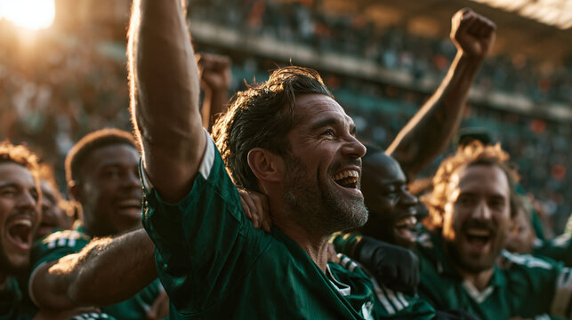 Victory Celebration: A jubilant football player, surrounded by his ecstatic teammates, raises his arms in triumph as the sun's golden rays illuminate their shared victory on the field.