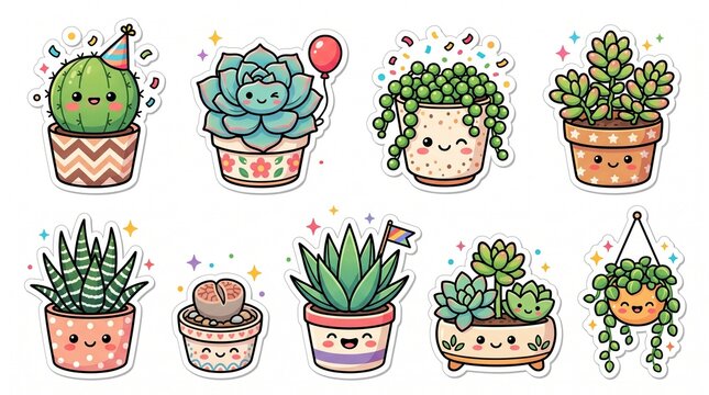 Cute Kawaii Succulent and Cactus Sticker Set, Potted Indoor Plants with Happy Smiling Faces, Festive Party Decorations for Planner and Scrapbooking, Isolated on White Background.