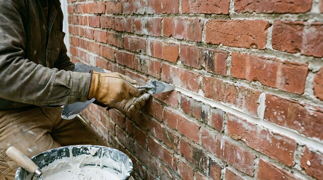 Professional bricklayer tuckpointing a red brick wall, mason repairing mortar joints with a trowel, construction worker restoring old masonry