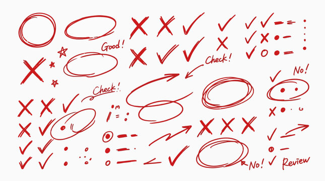 hand drawn symbols for feedback check mark x mark circle review and correction marks for evaluation concepts.