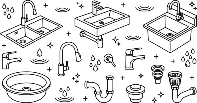 Modern kitchen sink bathroom wash basin faucet tap plumbing pipe water drain vector outline illustration set design elements