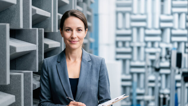 Professional woman smiling, holding clipboard and pen inside acoustical engineering laboratory, representing scientific research and development expertise.