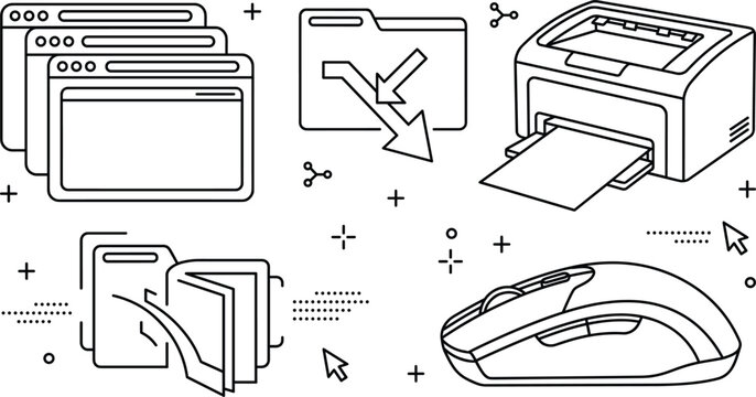 Office printer computer mouse web browser windows and download folder vector outline illustration set with digital workflow elements