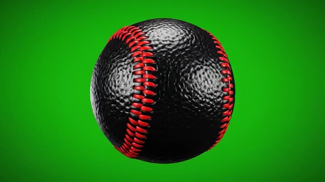 A black leather baseball with red stitching on a green background
