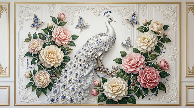 A white peacock with blue jewels and flowers on a white background with gold frame