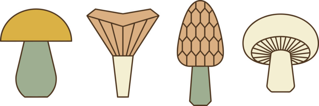 Minimalist mushroom icon set with wild chanterelle morel and champignon fungi vector
