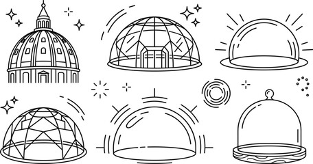 Architectural Dome and Glass Cloche Cover Icon Set with Geodesic Vault Line Art Symbols, © PJ DeSign