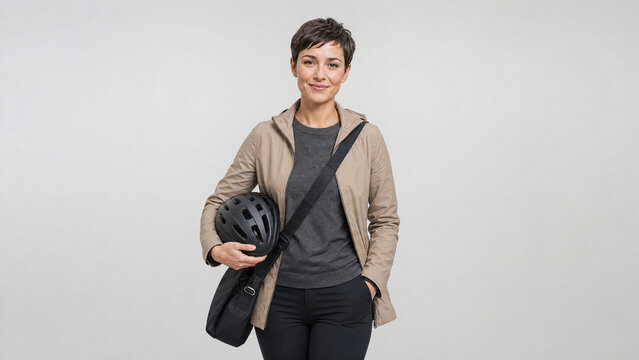 Confident young woman with a short pixie cut holding a bicycle helmet against a light background