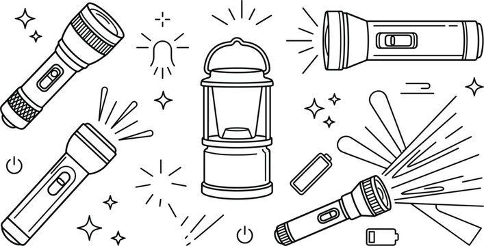 Portable flashlight and camping lantern vector outline illustration set with electric torch light beam line art design elements