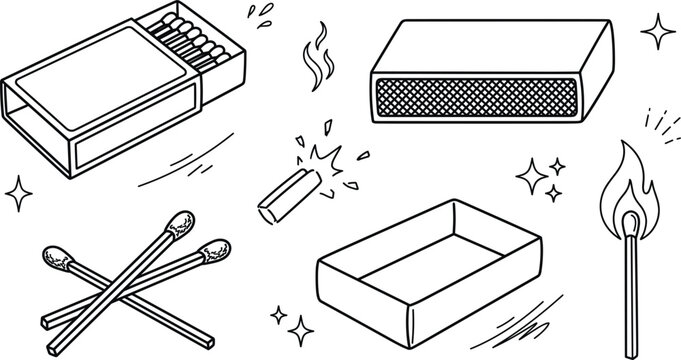 Safety matchbox and lit matchstick fire flame vector outline illustration set with sulfur head striker line art elements