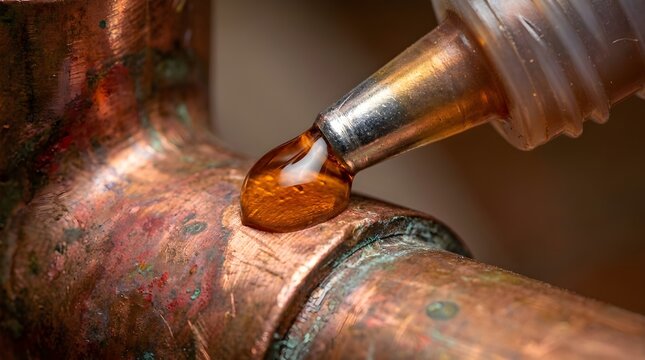 Soldering flux application on copper pipe joint, professional plumbing repair and metal soldering process, industrial copper tubing maintenance