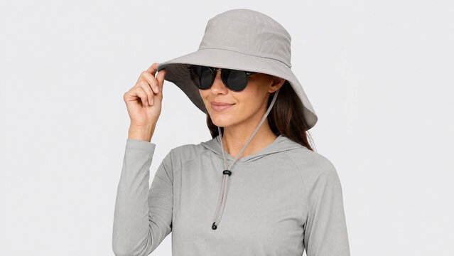 Beautiful woman wearing summer hat and stylish sunglasses looking away