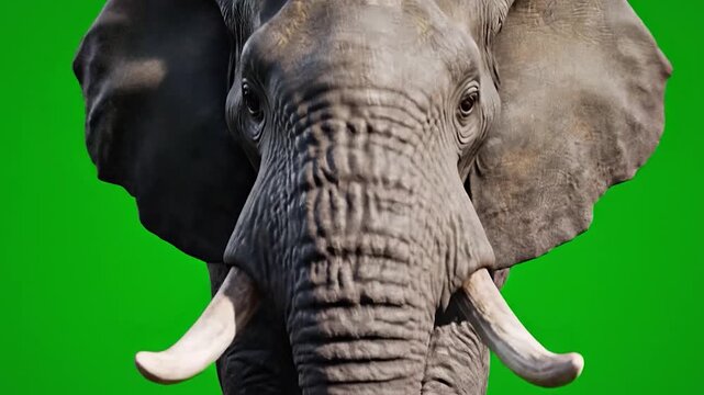 A large African elephant walks on a green screen background