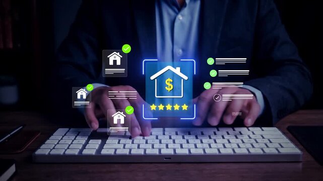 Real estate approval and property rating. reviewing online mortgage approval with five star home loan rating and digital checklist on laptop, real estate financing evaluation and fintech banking