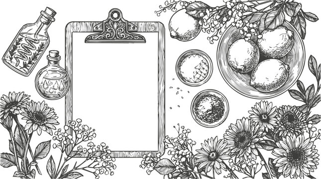 Flower - Hand Drawn Sketch of a Blank Clipboard surrounded by Lemon Citrus Fruits, Wild Flowers, and Glass Essential Oil Bottle for Organic Recipe