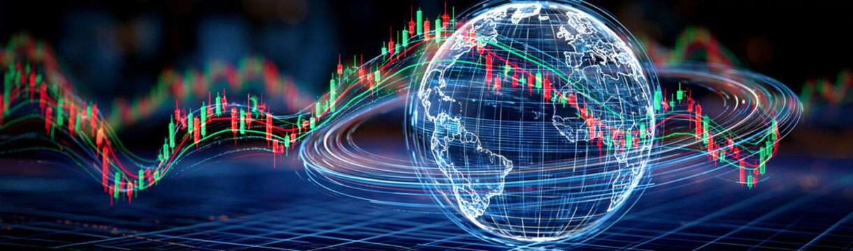 Global Financial Market: A digital representation of Earth orbits amidst a dynamic financial market graph, symbolizing worldwide economic trends and data flow.