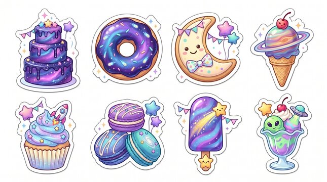 Kawaii Galaxy Dessert Sticker Collection with Cosmic Purple Cake, Donut, Moon Cookie, and Rocket Cupcake on White Background, Whimsical Celestial Sweet Food Illustration Set
