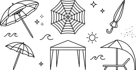 Summer beach umbrella tent and lounge chair vector doodle line art icon set for sunny vacation holiday design © Hafizul