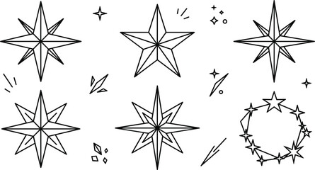 Sparkling star and north star vector outline illustration set with magic sparkle twinkle crystal circle line art elements © Hafizul