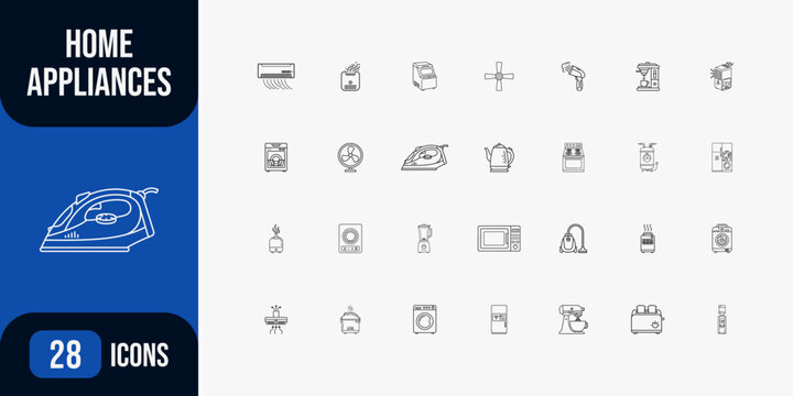 Home appliances line icons collection set of linear web symbols representing various household electronics cooling heating and cleaning devices on white background for modern smart home