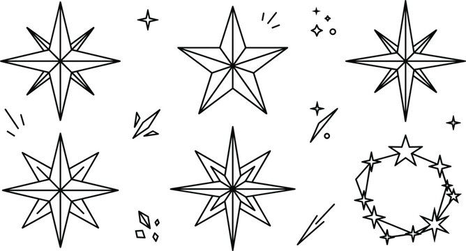Sparkling star and north star vector outline illustration set with magic sparkle twinkle crystal circle line art elements
