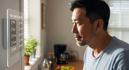 Fototapeta premium Businessman looks at a smart home display mounted on a kitchen wall, showcasing a modern and connected living space.
