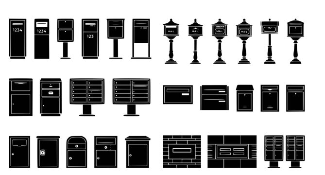 Variety of classic and modern mailbox designs in solid black silhouette icons for residential use
