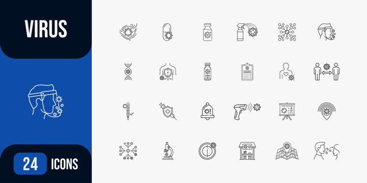 Virus line icons set containing pandemic prevention and medical healthcare symbols including face shield vaccine medicine and social distancing measures for epidemiology and public health safety.