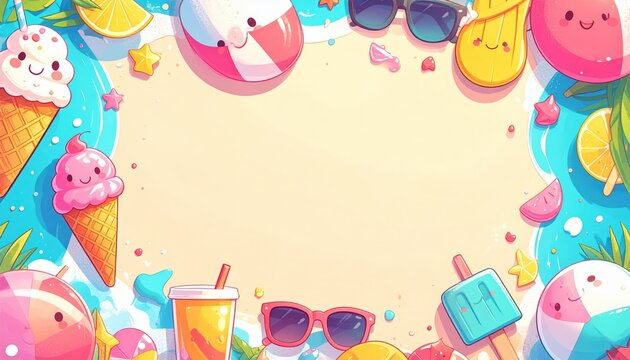 Refreshing Cute Ice Cream Summer Background with Colorful Gelato Cones, Popsicles, and Bright Polka Dot Borders for Beach Party Flyers and Sweet Shop Banners