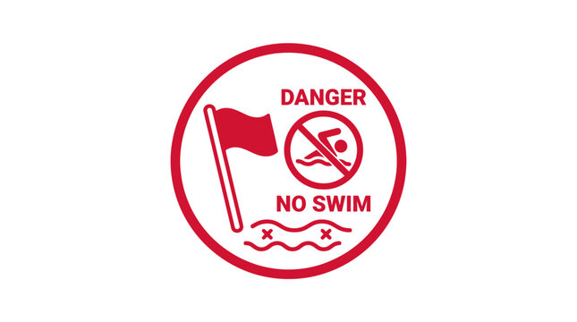 Danger No Swim Sign with Red Flag and Crossed Waves Icons